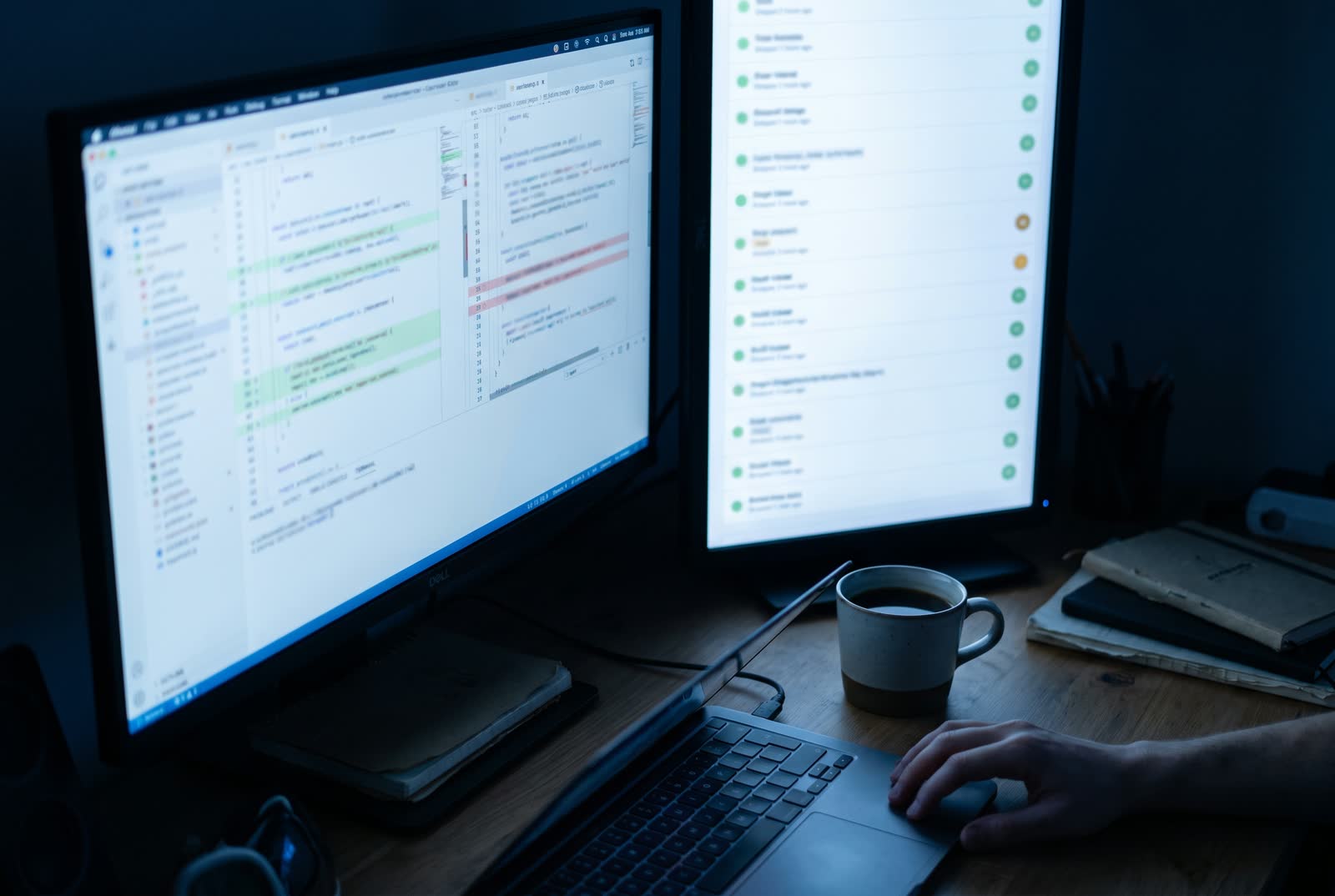 Two screens showing a code review and the checks of a delivery pipeline