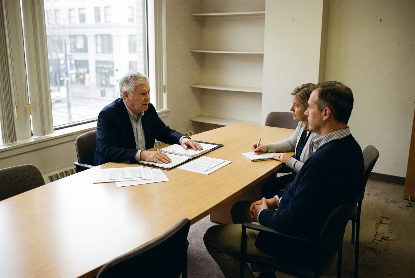 Three people reviewing documents around a meeting table